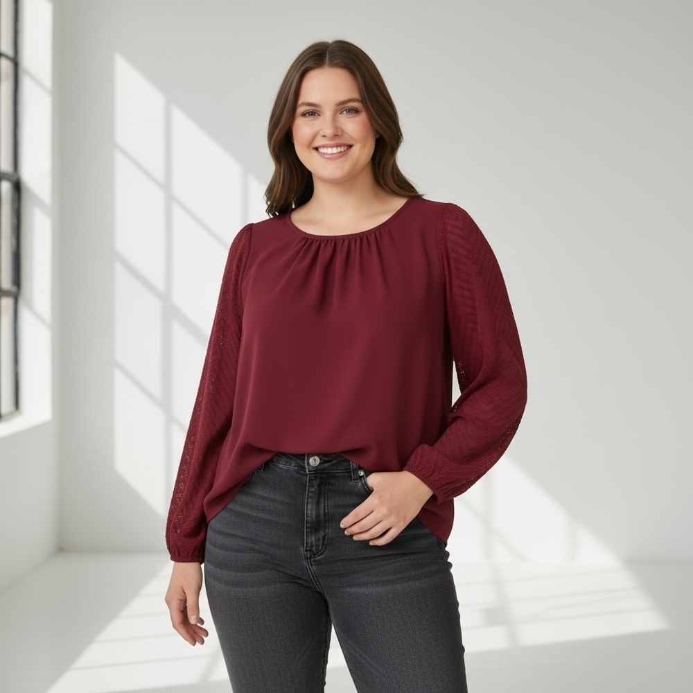 Burgundy Blouse Women's 2X with Patterned Sleeves Romance Valentine's Date
